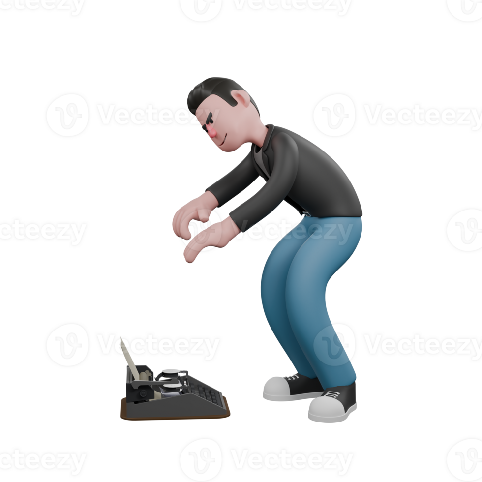 Cartoon Style 3D Model. A Male Screenwriter stands with a slight bend as if he wants to pick up the typewriter. Screenwriter Character Illustration png