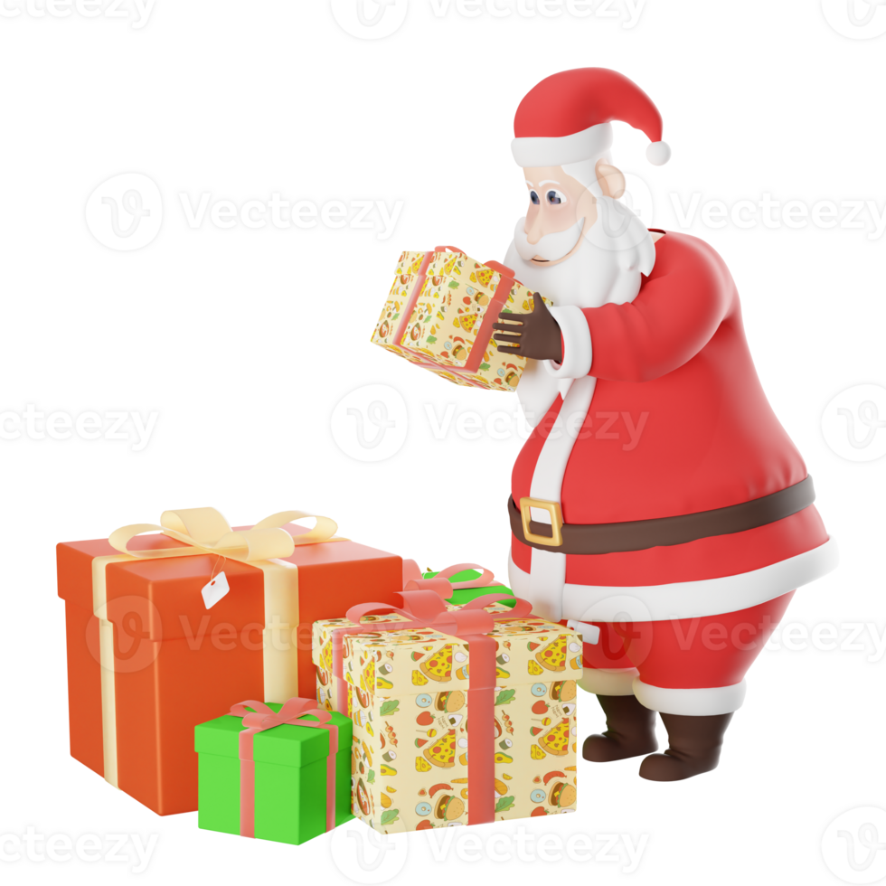 Santa Claus 3D Character Style.A male Santa Claus master stands behind some gifts with both hands holding gifts, eyes fixed on the gifts, observing expression. Cartoon Illustration png