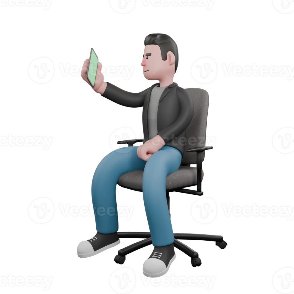 Screenwriter Cartoon 3D Character Design. A Male Screenwriter sits on a work chair while observing a mobile phone screen in his right hand. Illustration Art png
