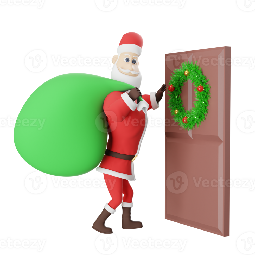 Cartoon Santa Claus Illustration. A male Santa master stands in front of a door with one hand carrying a sack of gifts . 3D Character Design png