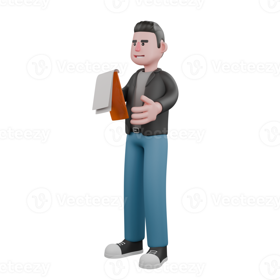 Cartoon Design of Screenwriter. A Male Screenwriter standing with one hand holding a clipboard, smiling expression. 3D Character Model png
