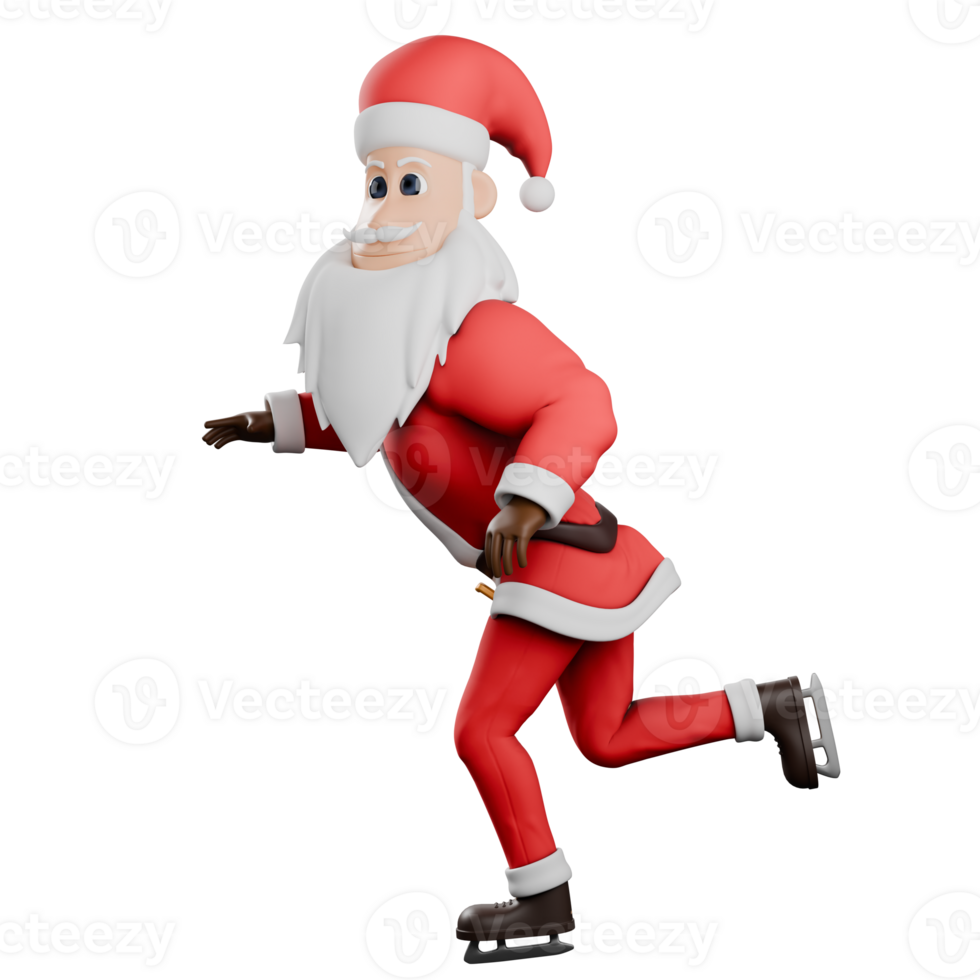 Creative Cartoon Santa Claus. A male Santa Claus walks while skating on ice skates, with a smiling expression. 3D Design png