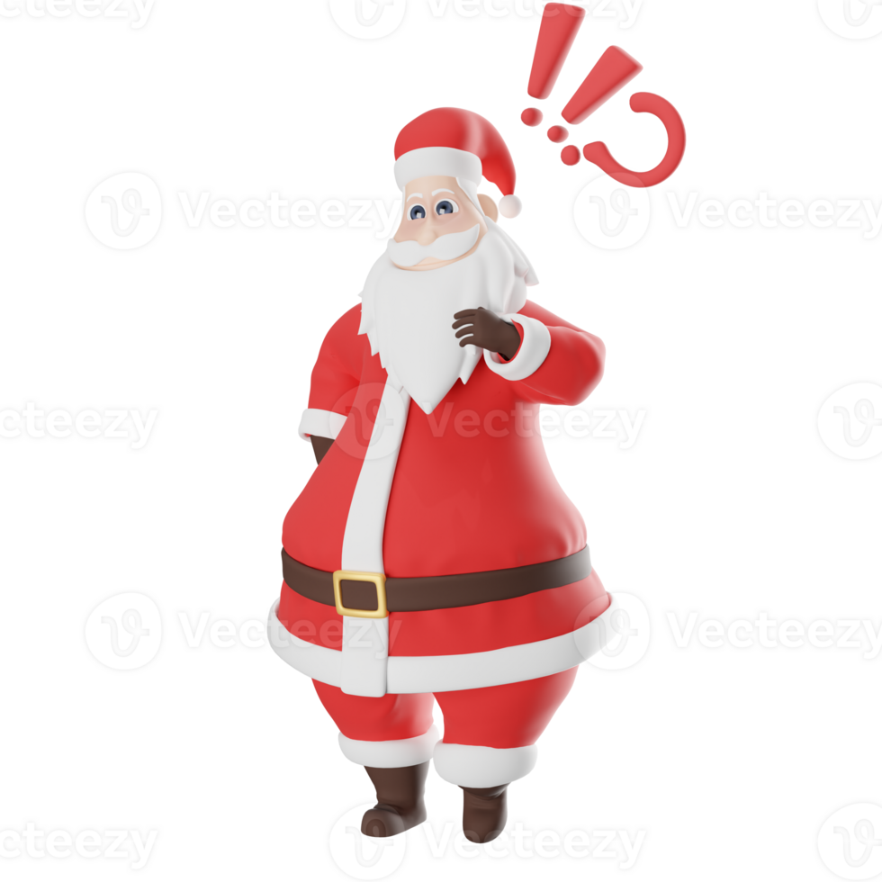Santa Claus Character 3D Art. A male Santa Claus master stands with his right hand behind his waist and his left hand holding his mustache, a thoughtful expression. Cartoon Illustration png