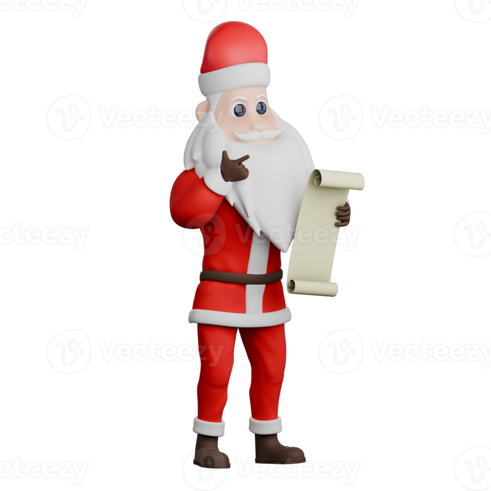 Santa Claus 3D Character Art. A Santa male stands holding a long piece of paper in his left hand, and points to the book with his right hand. Cartoon Illustration png