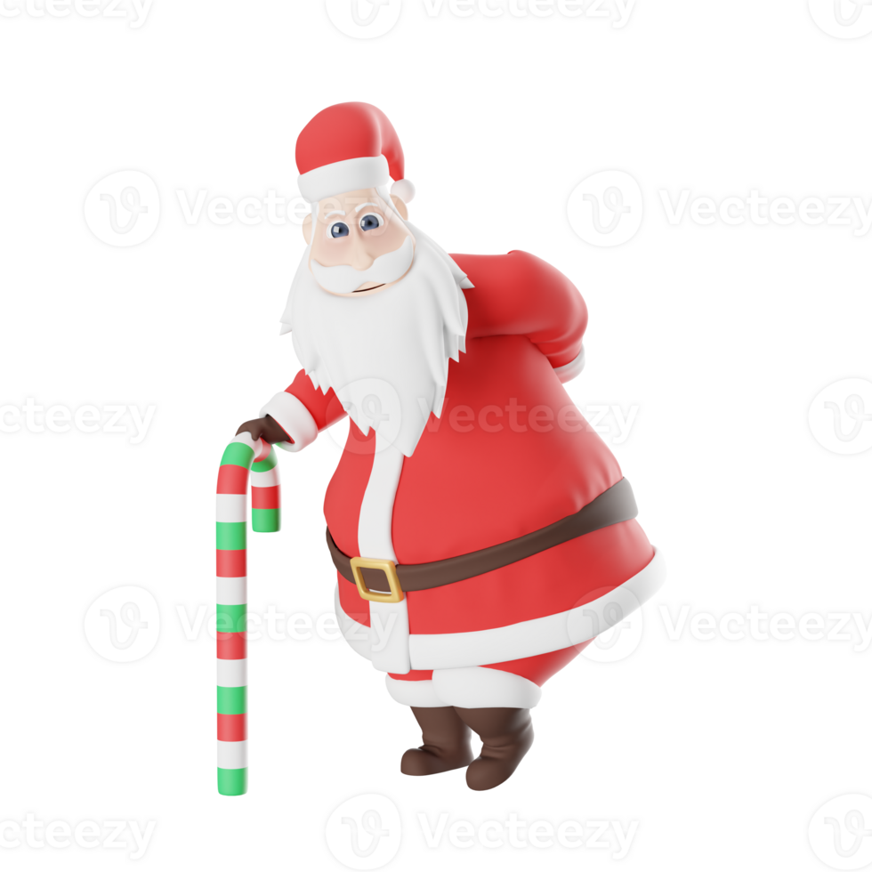 Cartoon Character Santa Claus. A male Santa Claus master walks hunched over with his right hand holding a candy cane. 3D Artistic Design png