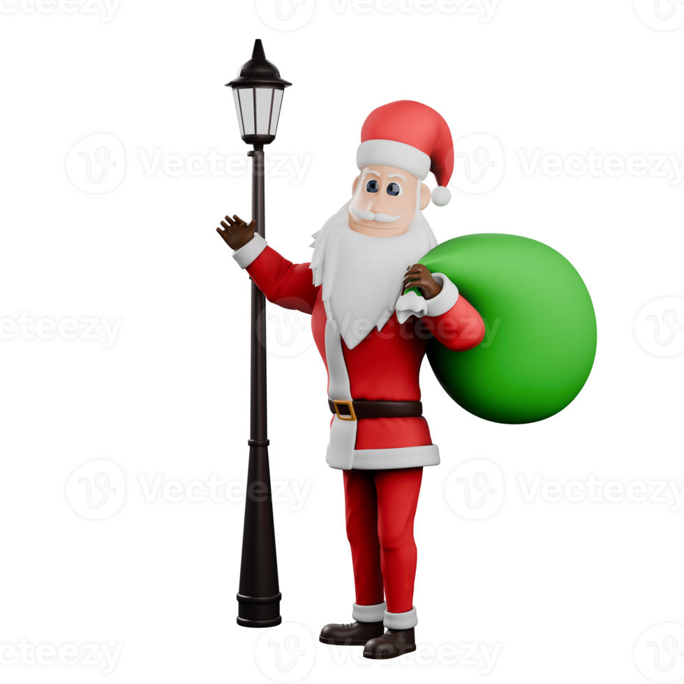 Santa Claus Design in 3D. A Male Santa Claus stands next to a lamp post while his left hand carries a sack of Christmas presents. Cartoon Style png