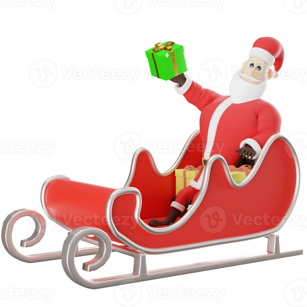 Creative Santa Claus Design. A male Santa master sits on a Santa sleigh seat with his right hand holding a gift. 3D Cartoon Art png