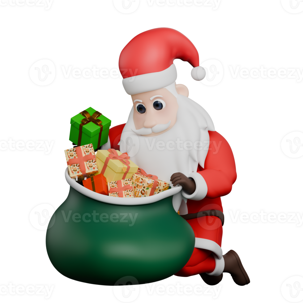 Creative 3D Santa Claus Cartoon. A Santa man bends his knees while taking presents in a bag. Character Design png