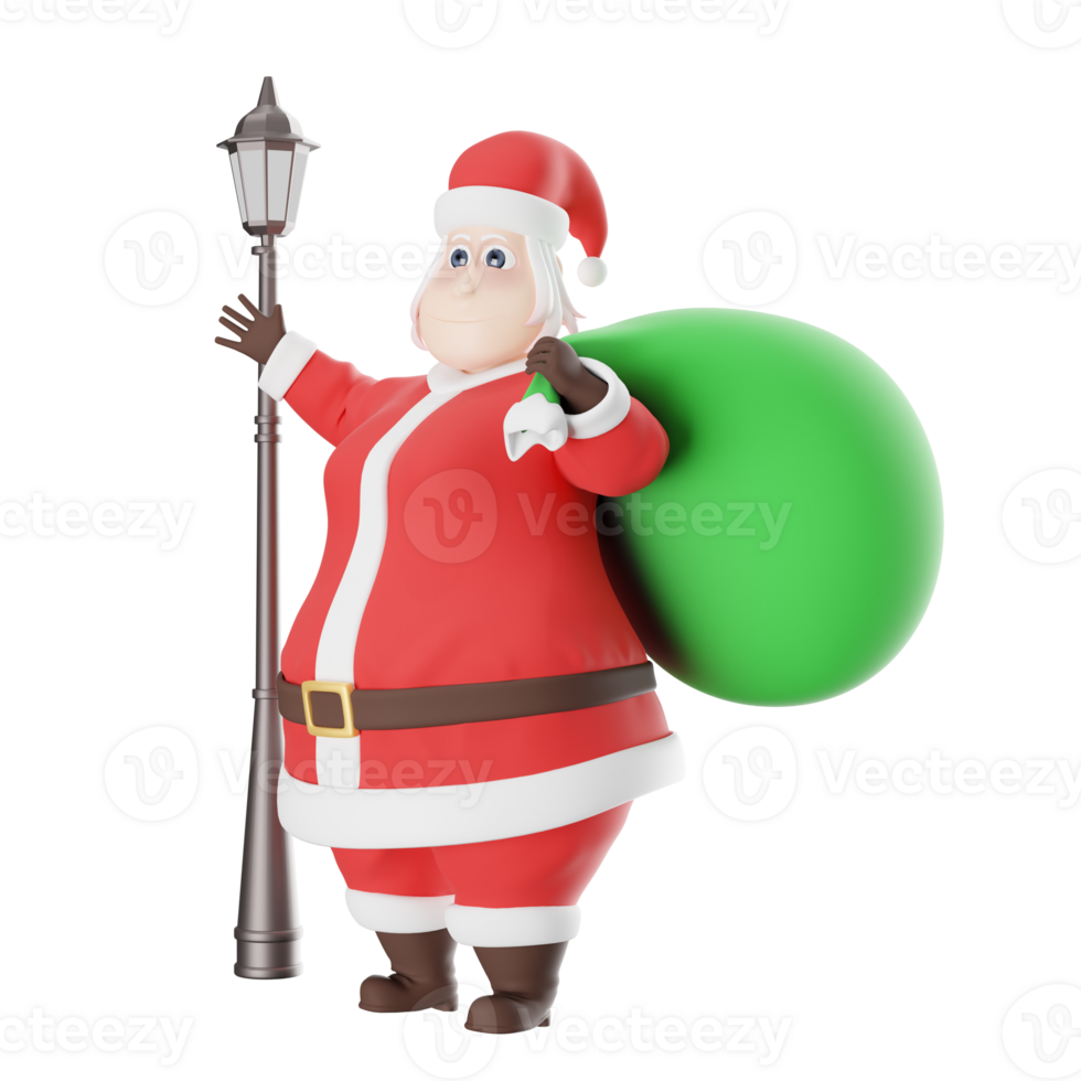 Cartoon Character Art. A male Santa master stands next to a lamp post carrying a sack of gifts. Santa Claus 3D Design png