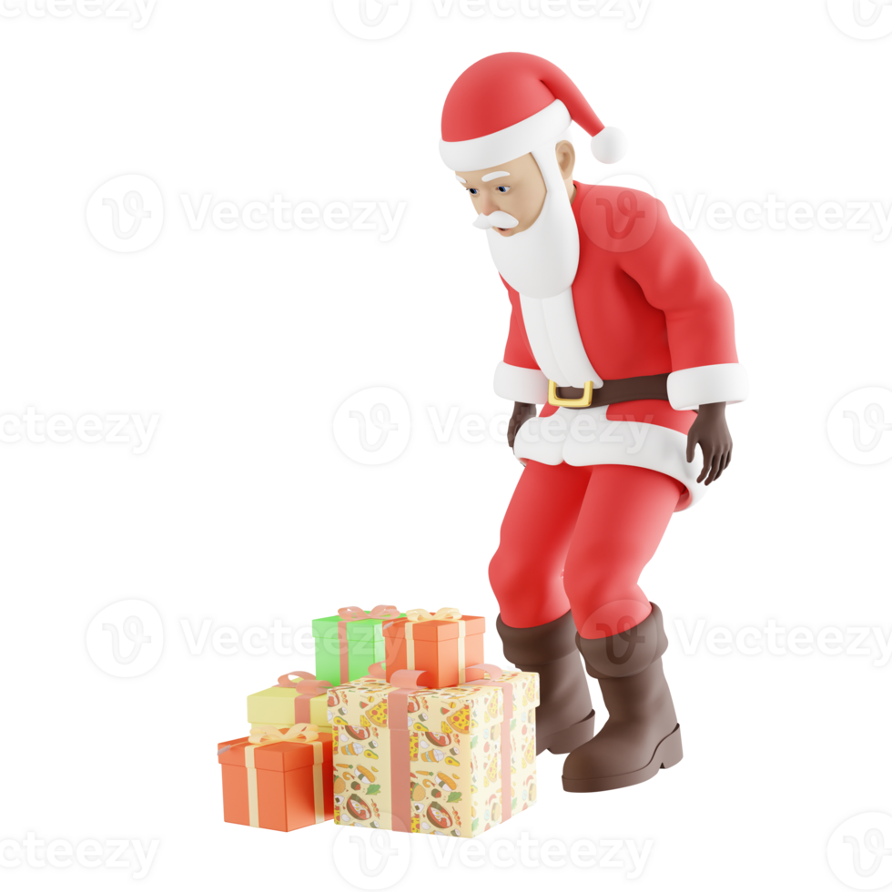 Santa Claus Character 3D Design. A Male Santa Claus stands while looking at the presents on the floor with a surprised expression. Cartoon Style png