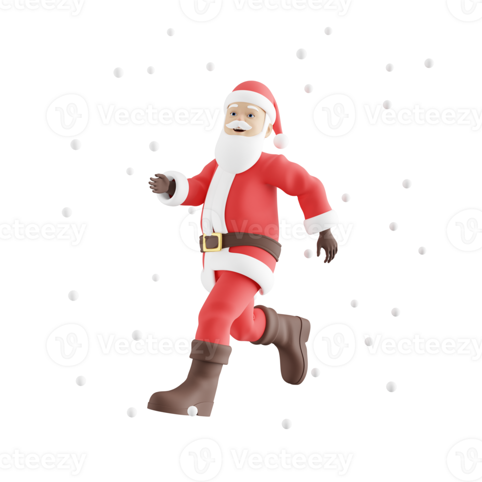 Santa Claus Cartoon Design.A Male Santa Claus runs to the right with falling snow, cheerful expression. 3D Art png
