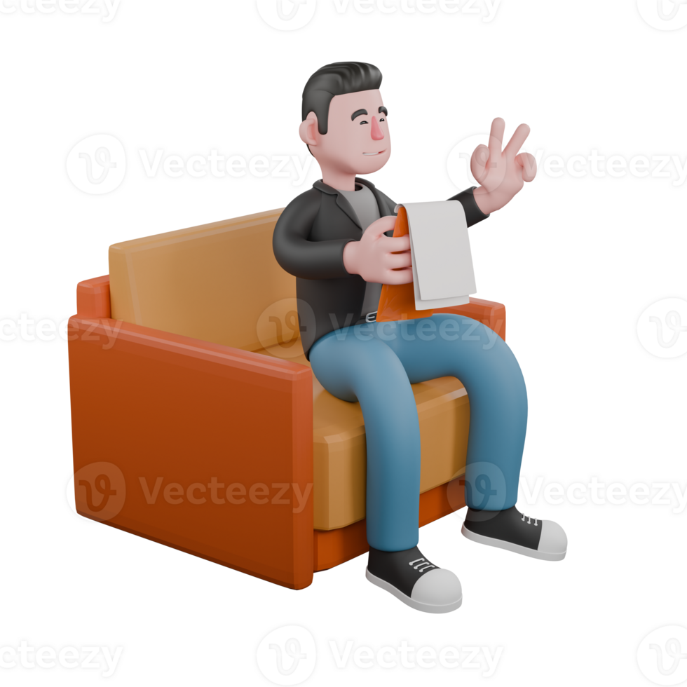 Cartoon Screenwriter Character. A male screenwriter sits on the sofa holding a clipboard in his right hand, and his left hand forms a two-fingered pose. Professional 3D Model Art png