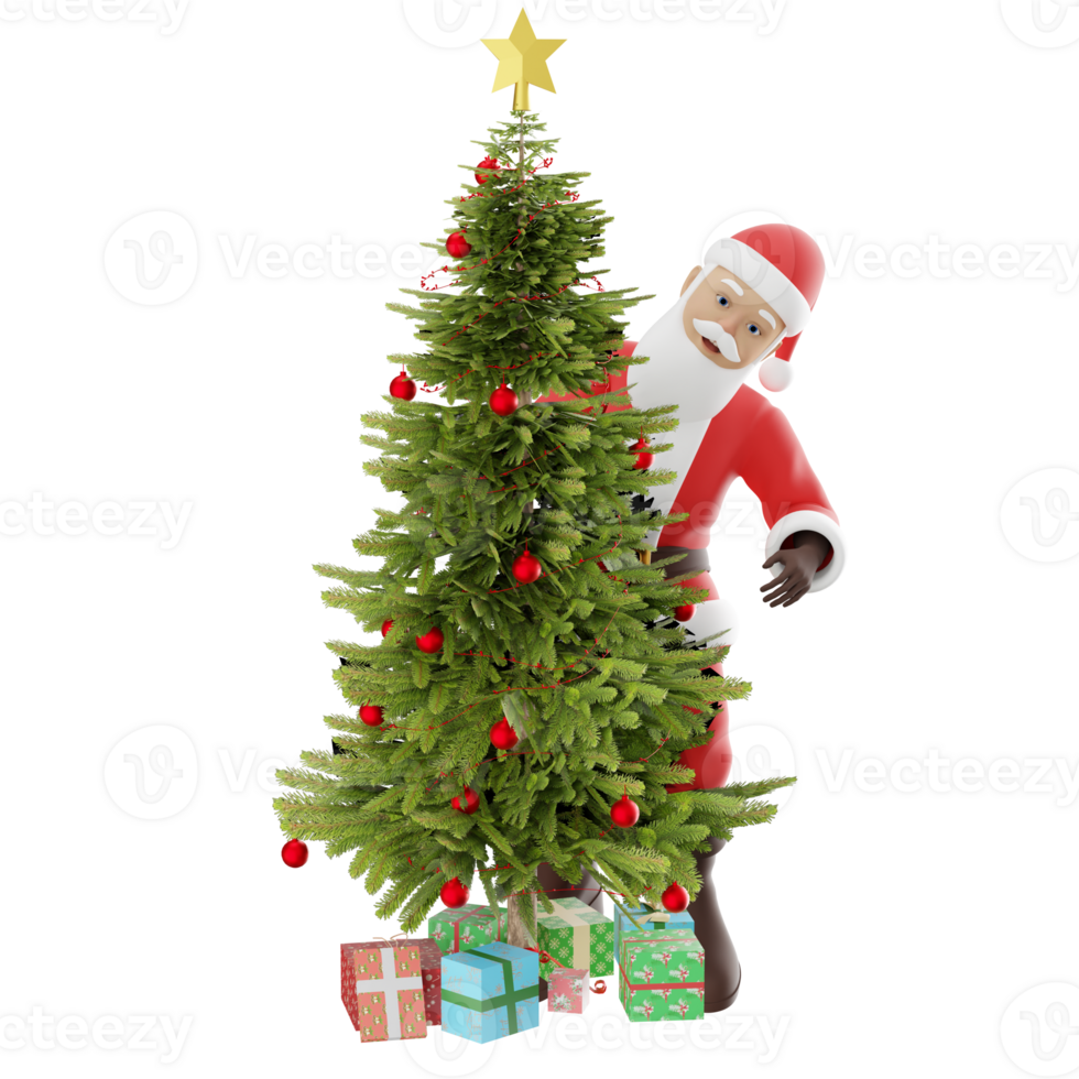 Santa Claus Cartoon Illustration. A Male Santa Claus stands behind a Christmas tree with a smiling expression. 3D Design png