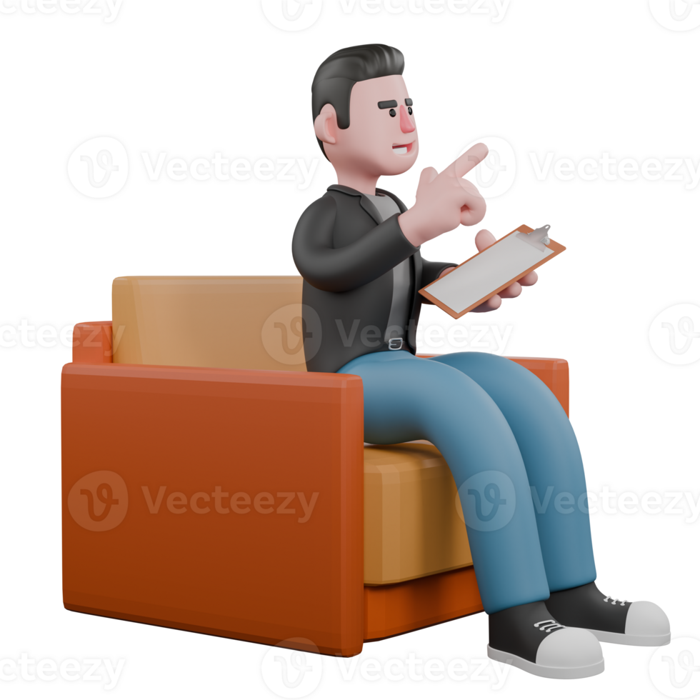 Screenwriter 3D Cartoon Model. A Male Screenwriter sitting on a sofa with a clipboard in his hand and the other hand pointing in a certain direction. Creative Character Design png