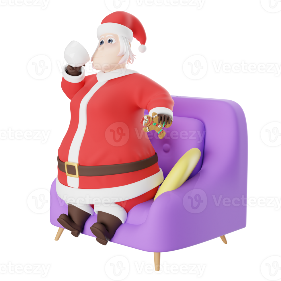 Santa Claus 3D Cartoon Art Style. A male Santa master sits on a sofa holding a cup and biscuits in both hands, an expression of eating. Illustration Design png