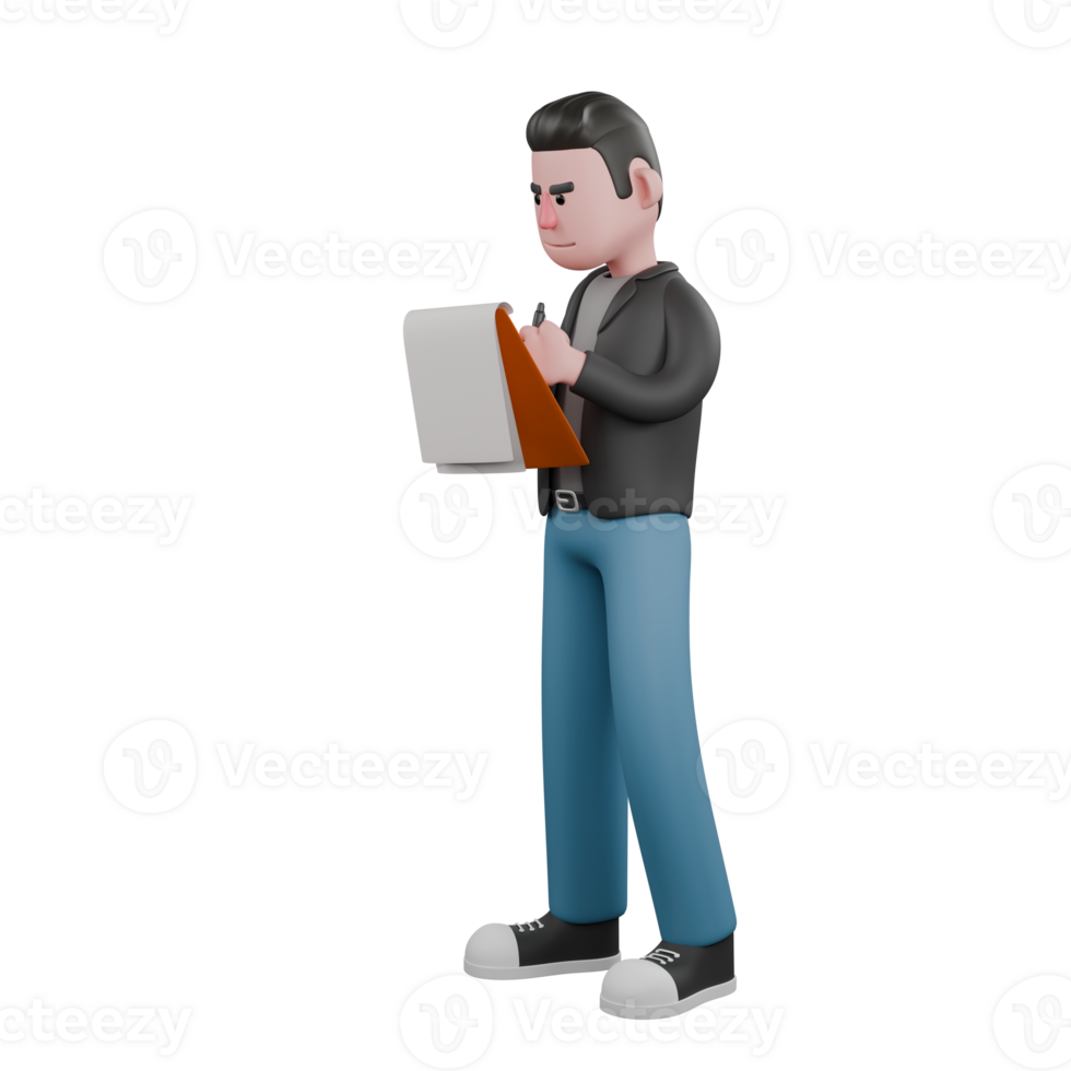 3D Cartoon Screenwriter Design. A male screenwriter stands with his right hand holding a notepad while his left hand holds a pencil, serious expression. Illustration Art Model png