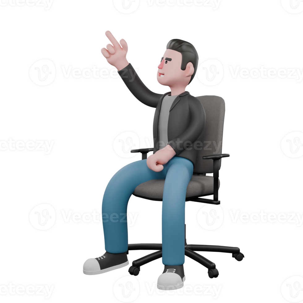 Screenwriter Cartoon Illustration. A male screenwriter sits on a chair with his right hand pointing up while his left hand is in front of his body. Artistic 3D Model png