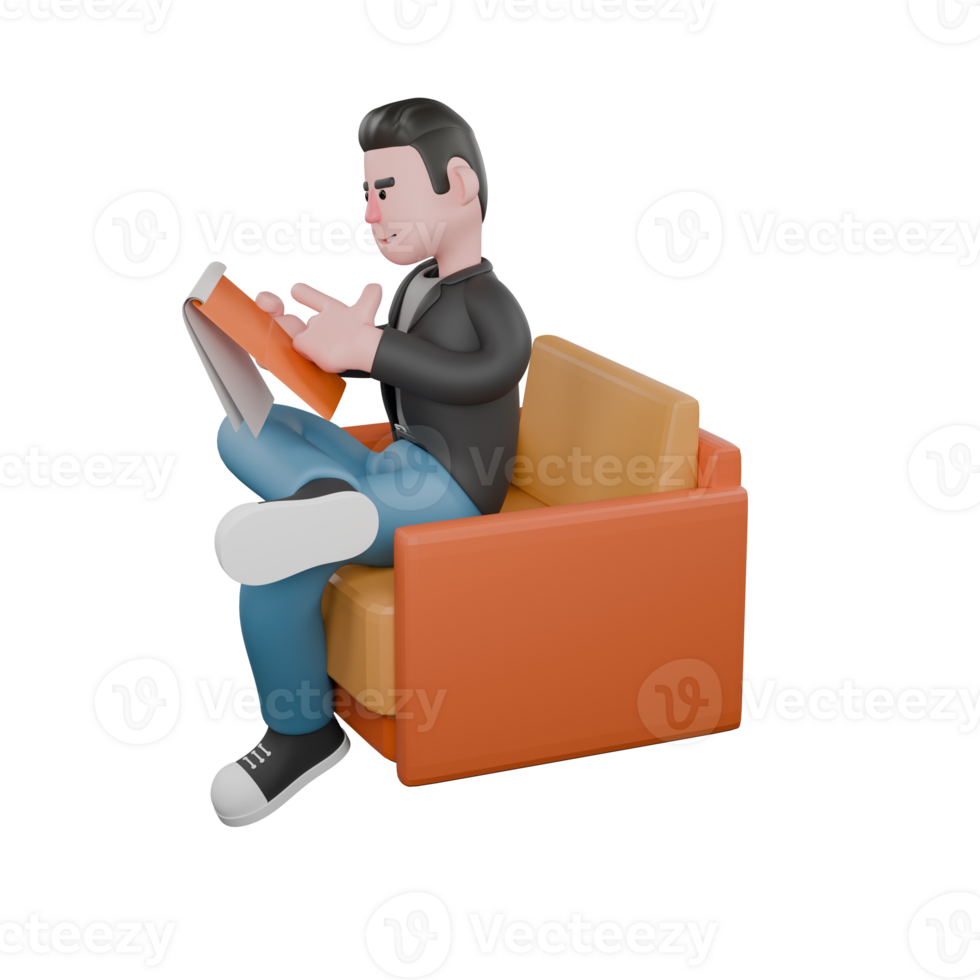 Screenwriter 3D Model. A male screenwriter sits on a sofa with his right leg crossed over his left leg while his right hand holds a note and his left hand points at the note he is holding. Cartoon png
