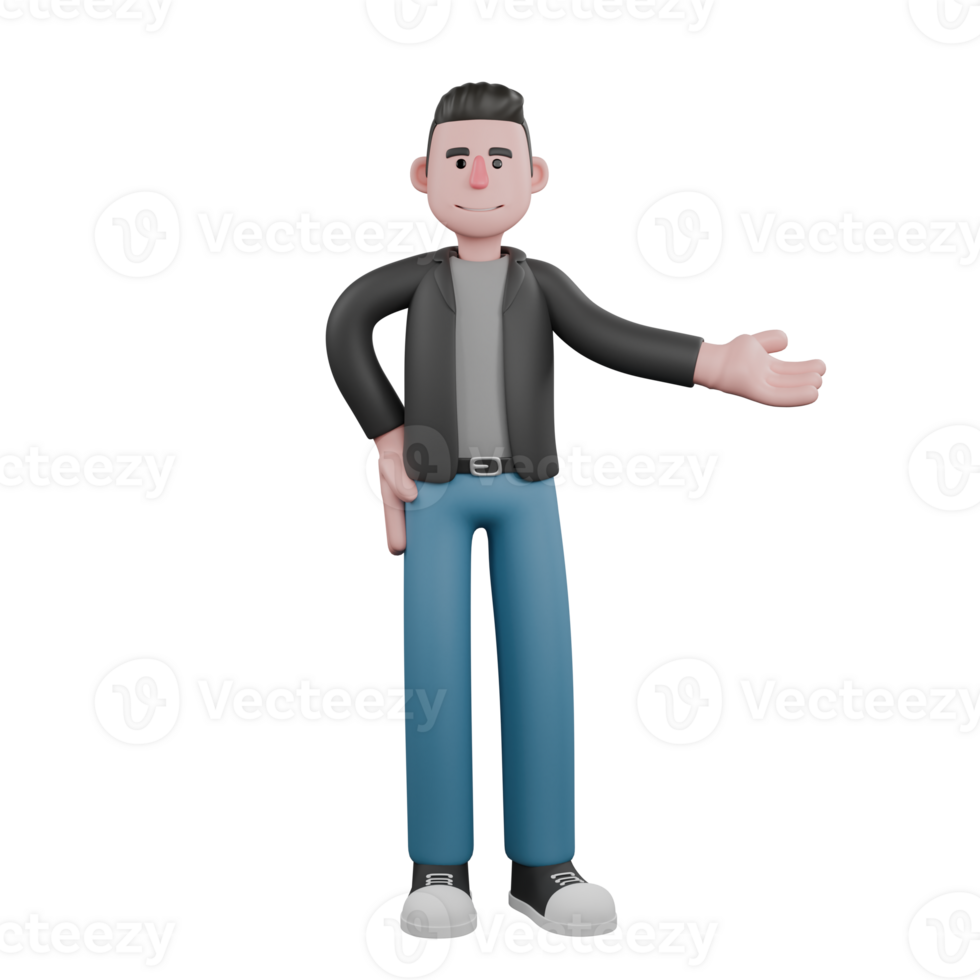 3D Cartoon Illustration. A male screenwriter stands with his right hand on his waist while his left hand is stretched out to the side, a wide smiling expression. Screenwriter Character Model png