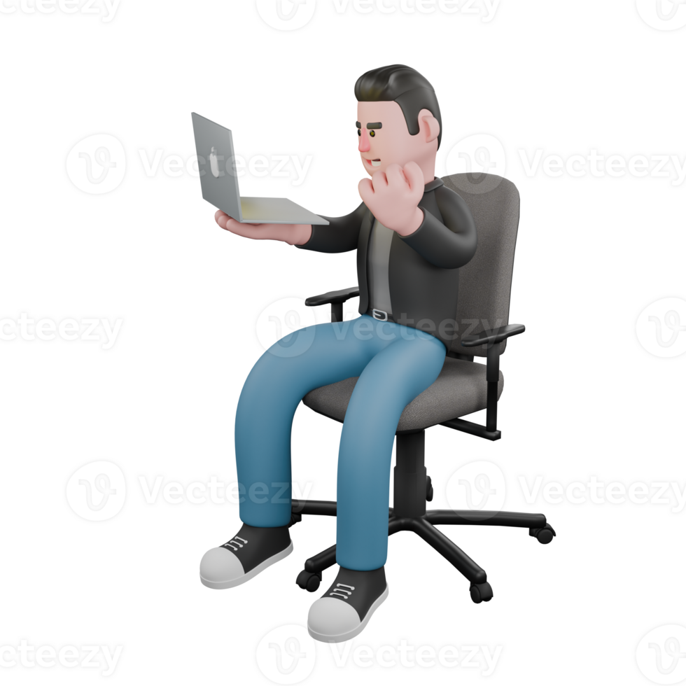 Screenwriter Character 3D Model. A male screenwriter sits on a chair with one hand holding an open laptop while the other is under his chin, smiling expression. Cartoon Style Illustration png