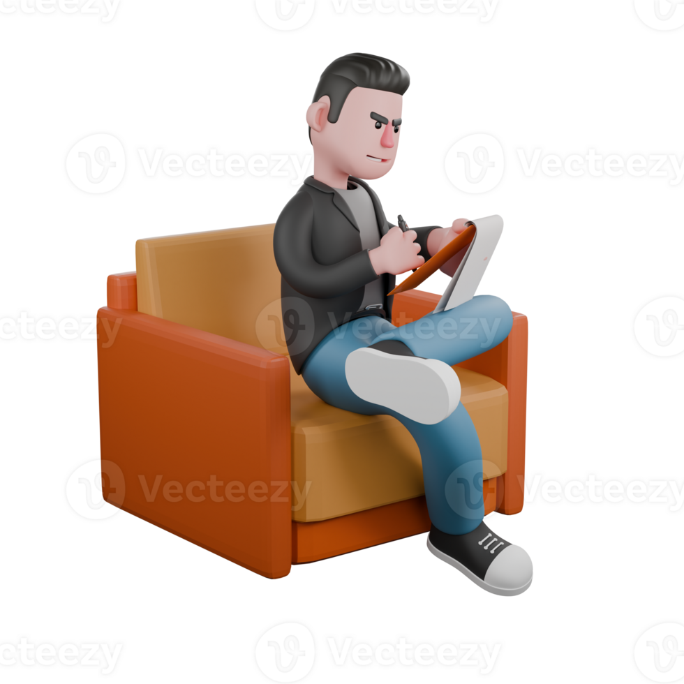 A male screenwriter sits on a sofa with his left leg crossed over his right leg while his left hand holds a notepad and his right hand holds a pencil as if he is writing. png