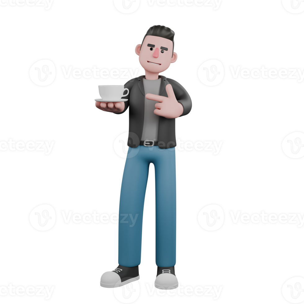 Cartoon Screenwriter 3D Model. A male screenwriter stands while holding a cup with one hand while the other hand points to the cup he is holding. Creative Character Design png