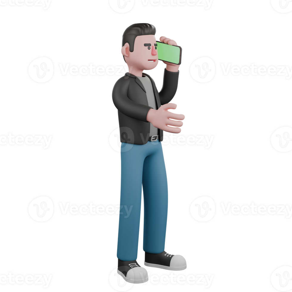 3D Screenwriter Illustration. A male screenwriter stands with one hand holding a phone to his ear, while the other hand is moving as if explaining something. Cartoon Character Art png
