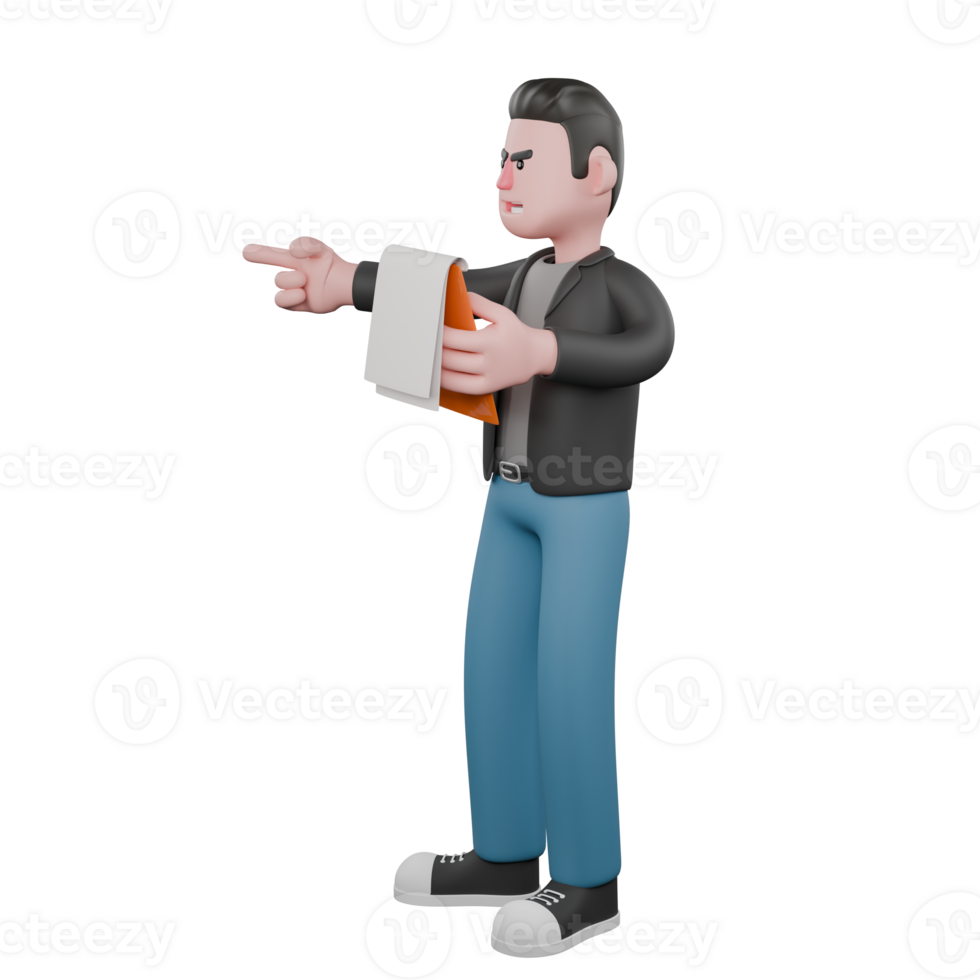 Cartoon Screenwriter Model. A male screenwriter stands with one hand holding a note while the other hand points forward, an angry expression. 3D Artistic Design png