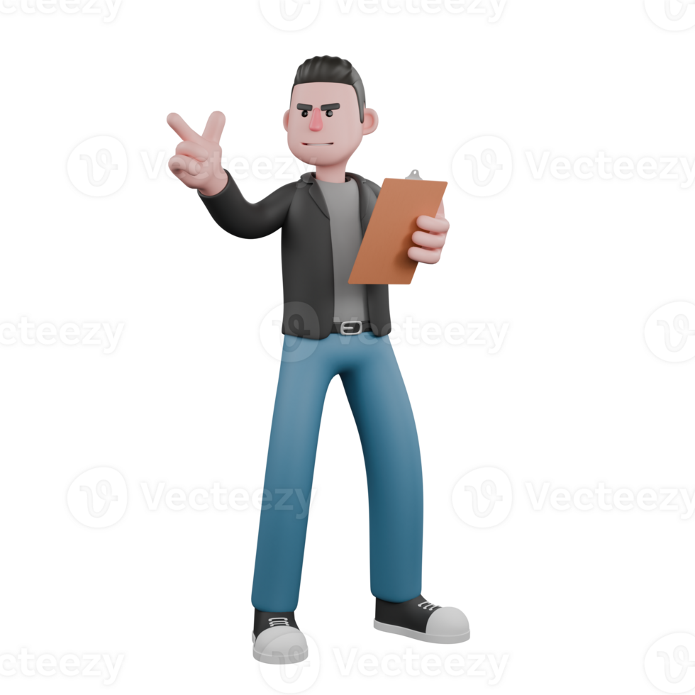 3D Cartoon Design. A male screenwriter stands with his right hand pointing forward while his left hand holds a clipboard, serious expression. Screenwriter Illustration Art png