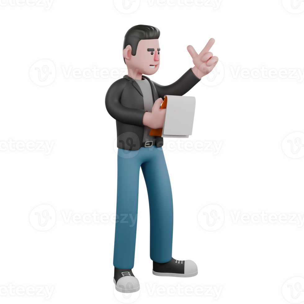 3D Screenwriter Character. A male screenwriter stands facing left with his right hand holding a note while his left hand points up, a happy expression. Cartoon Creative Illustration png