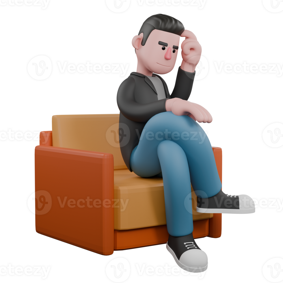 Screenwriter Character in 3D. A male screenwriter sits on a sofa with his right leg over his left leg while one hand is on his head as if he is thinking. Cartoon Style Illustration png