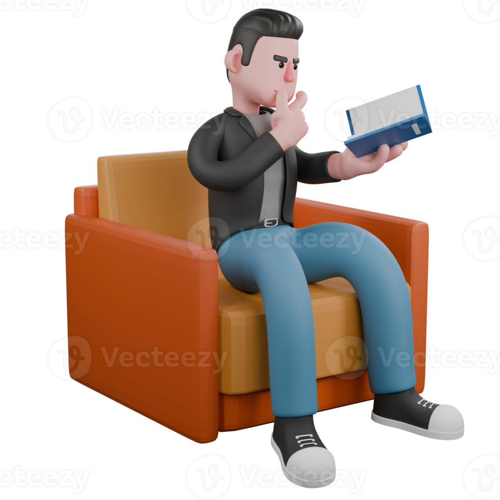 Professional 3D Cartoon Character. A male screenwriter sits on a sofa with one hand holding a book while the other is under his chin, thinking expression. Screenwriter Model png
