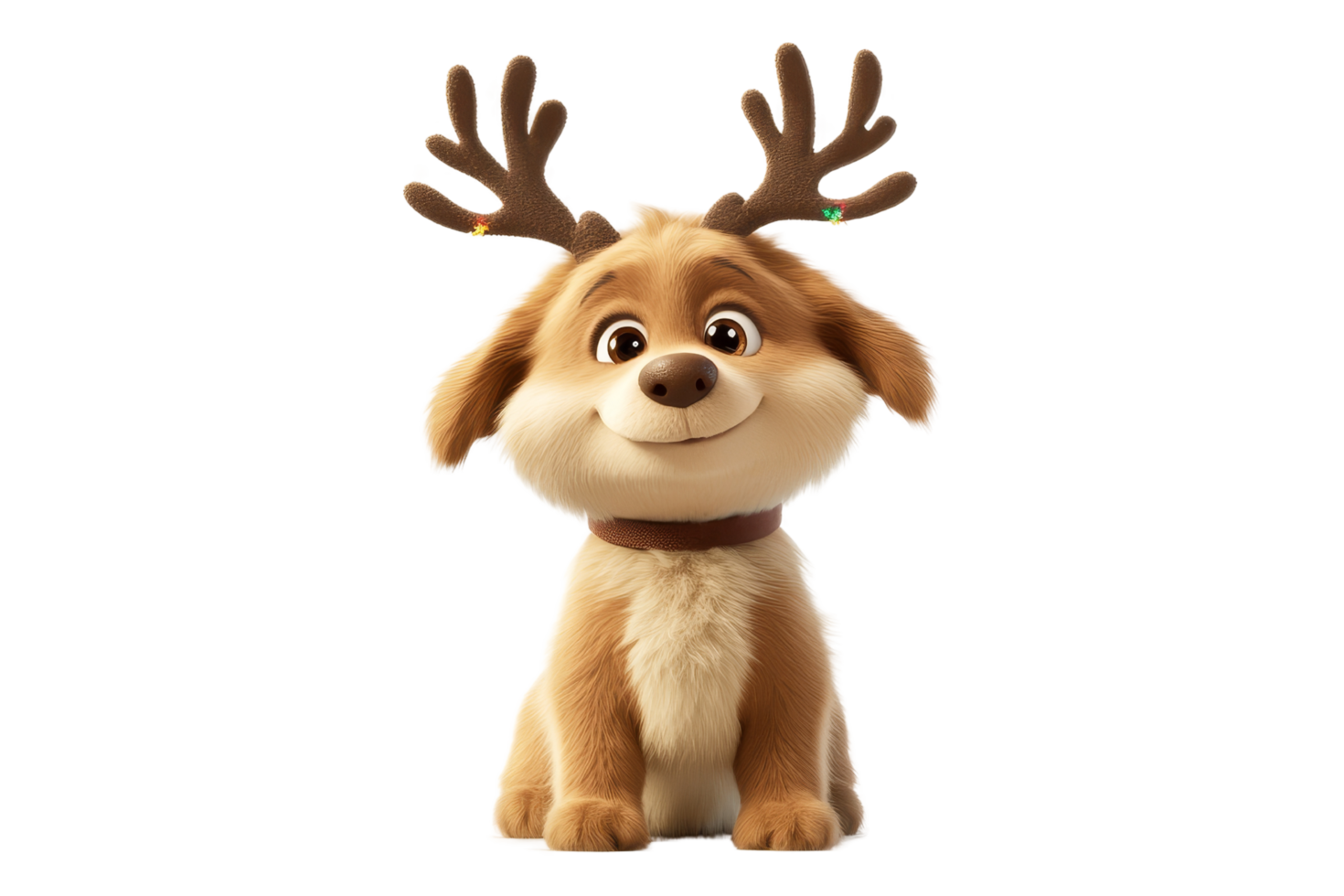 Playful animated dog with antlers studio setting character design fun vibe whimsical concept png