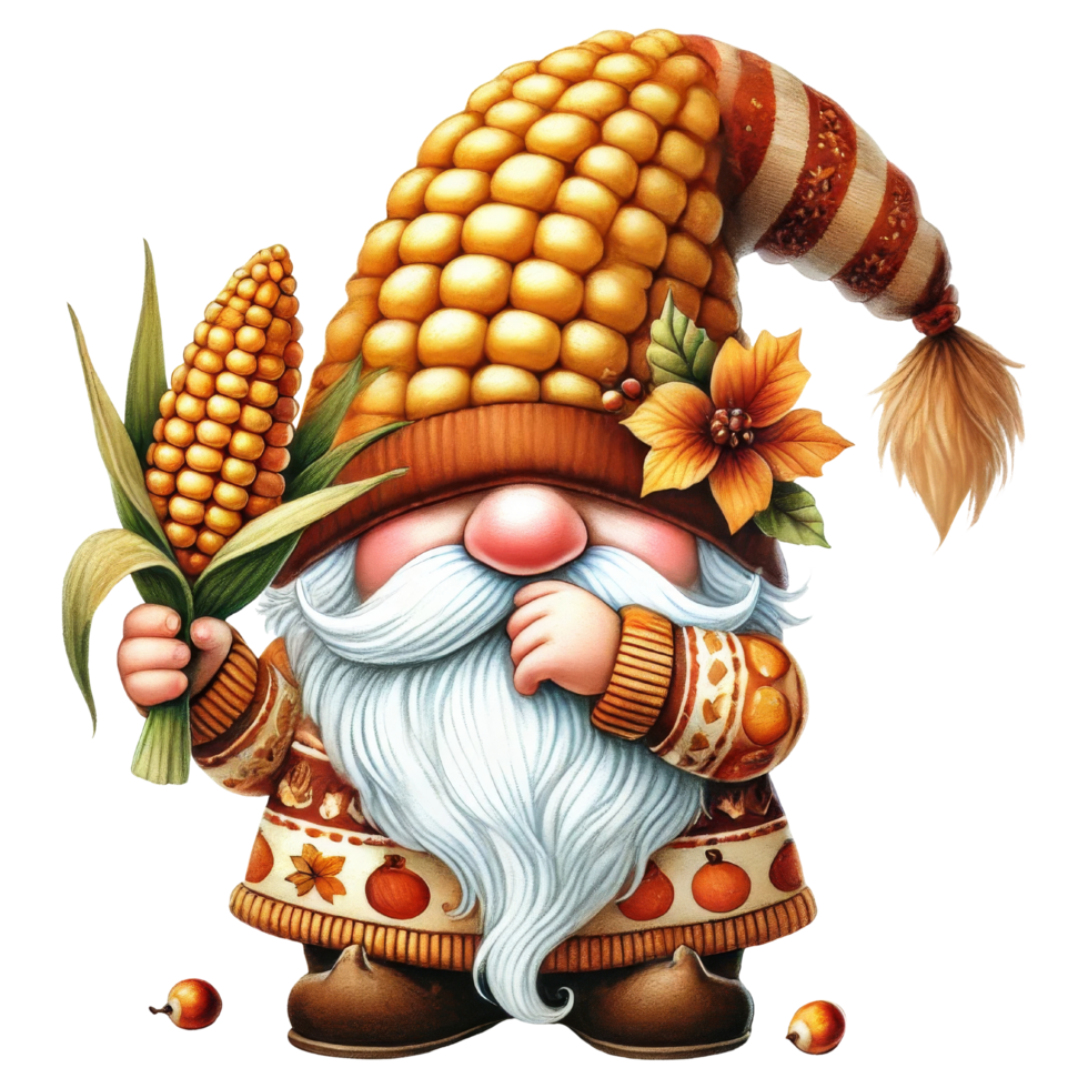 Harvest-themed gnome holding corn autumn vibes digital illustration whimsical environment close-up view png