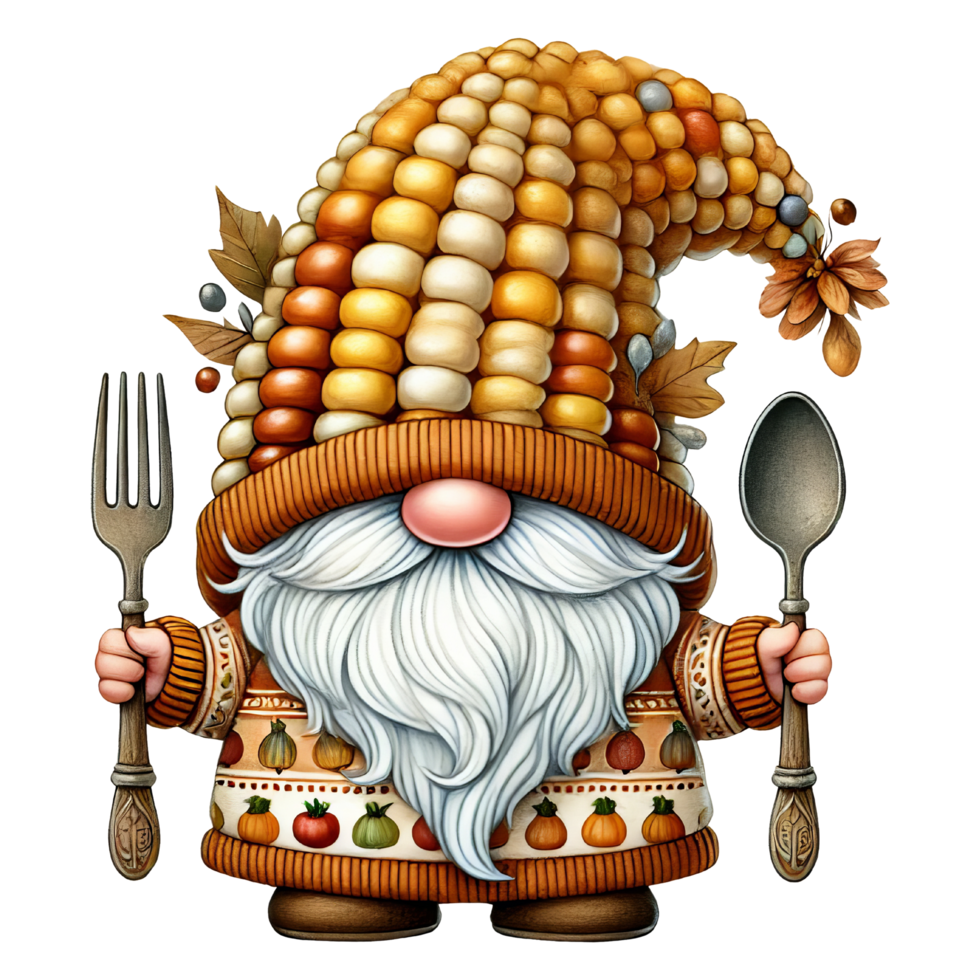 Whimsical thanksgiving gnome holding fork and spoon autumn kitchen decor colorful environment png