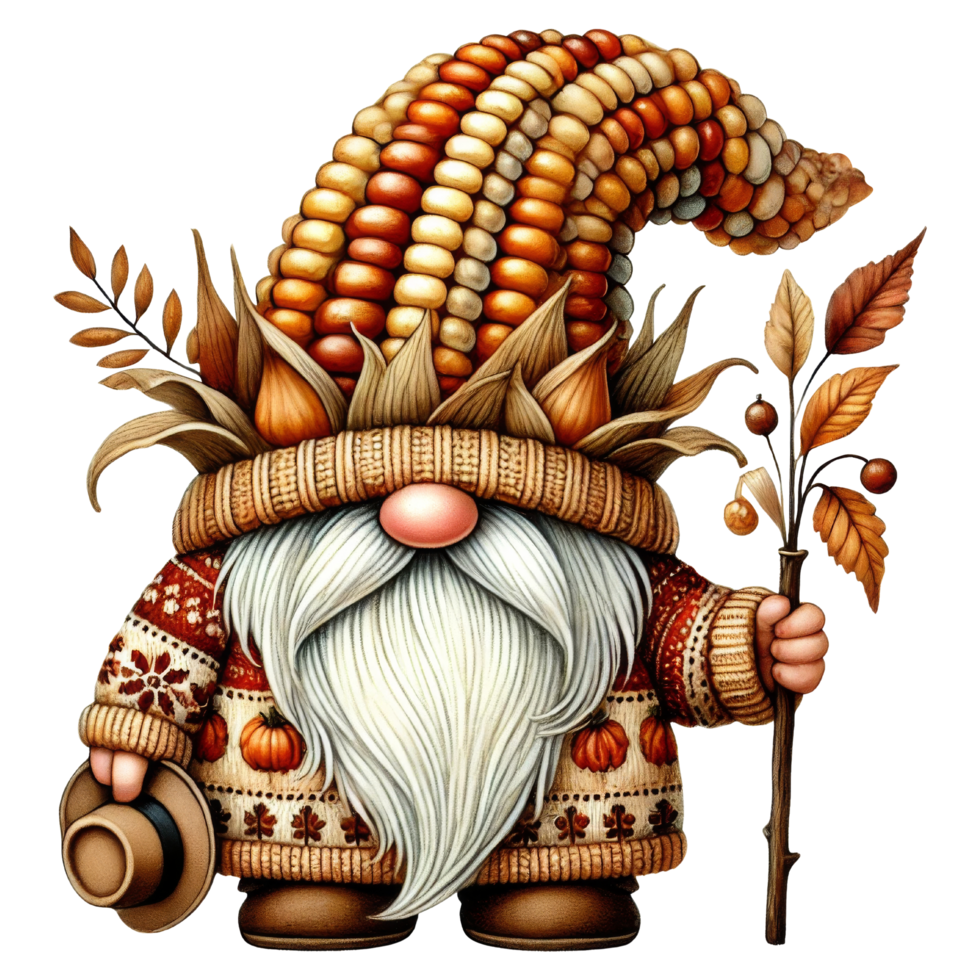 Whimsical gnome celebrating autumn in a cozy forest fantasy illustration nature close-up png