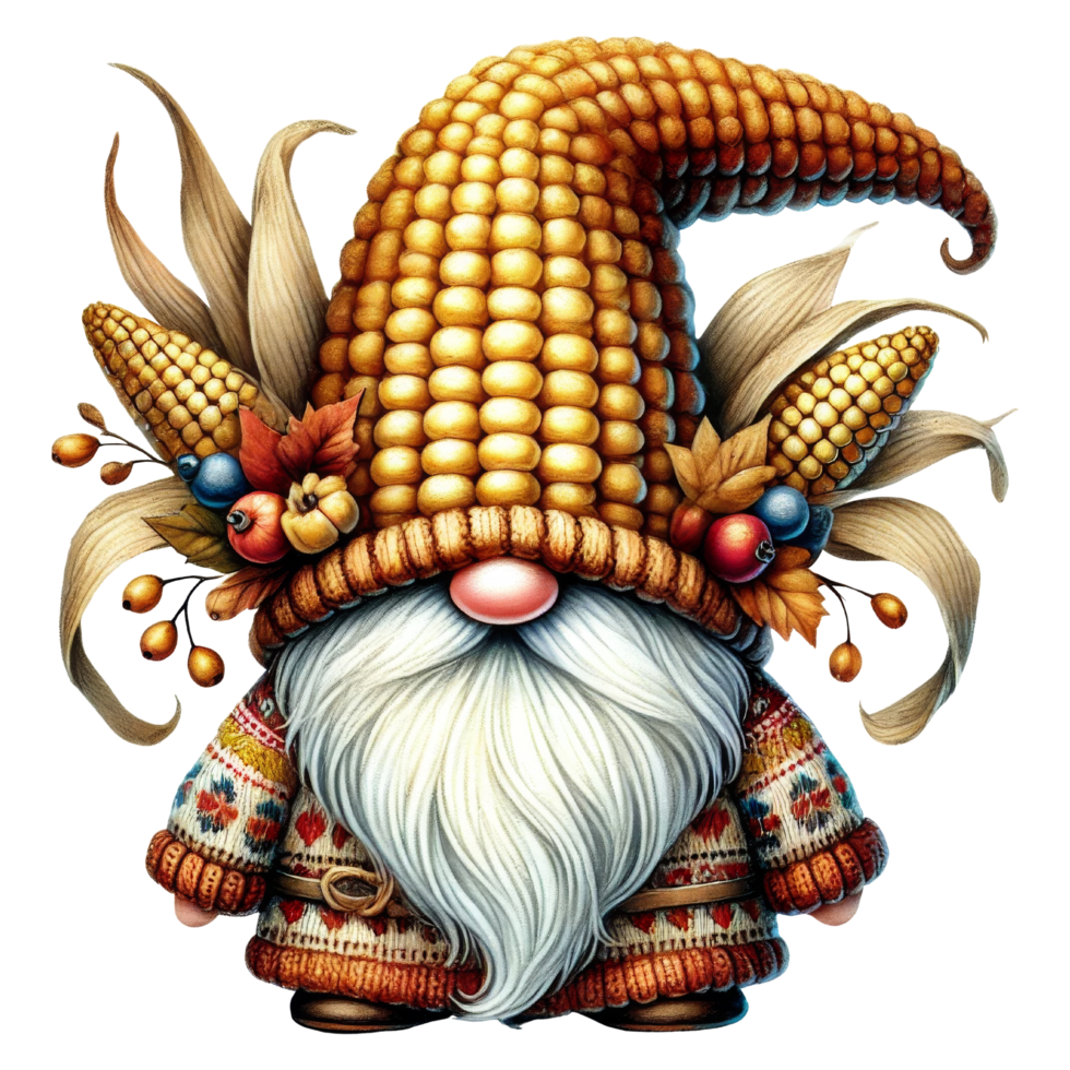 Whimsical gnome character with corn hat autumn vibes digital art fantasy setting playful concept png