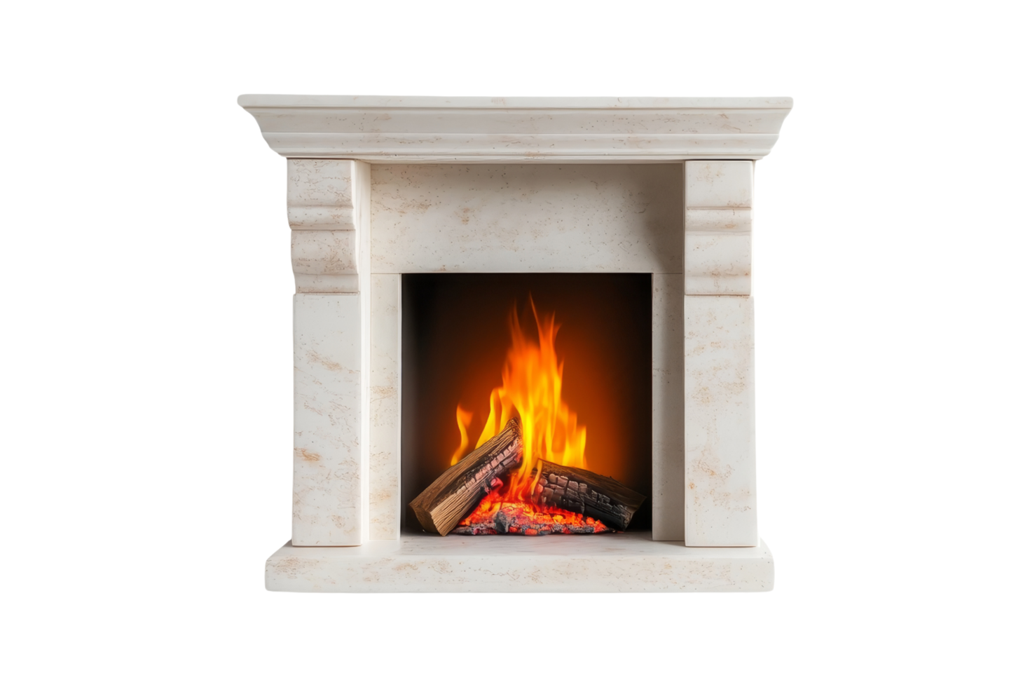 Elegant white fireplace with flames isolated background modern home decor front view cozy concept png