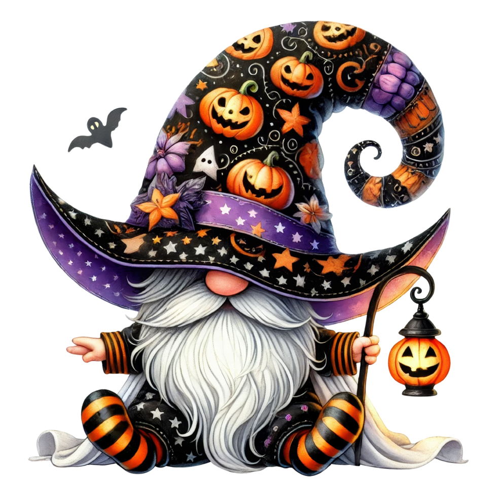 Halloween-themed gnome character holding lantern festive atmosphere digital art whimsical style png