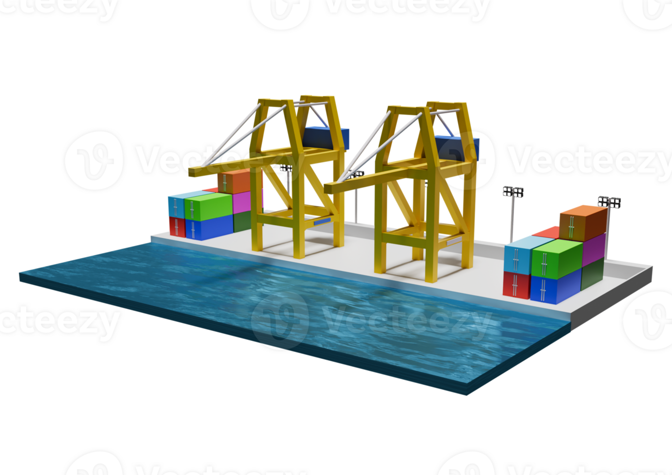 A 3d rendering of a cargo ship and a crane png