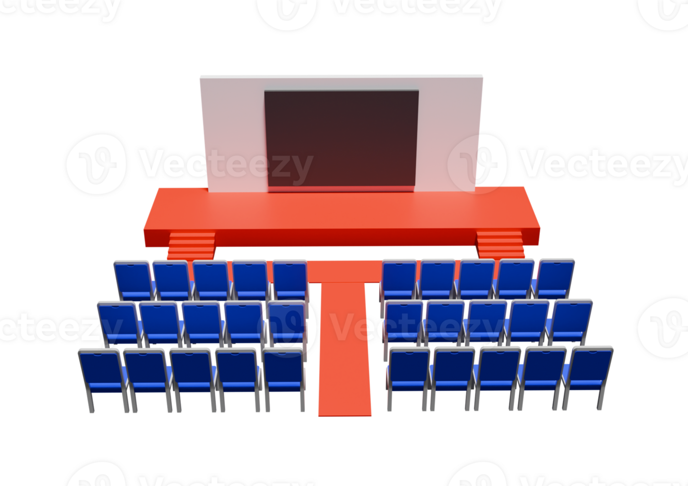 A large stage with blue chairs and a projector screen png