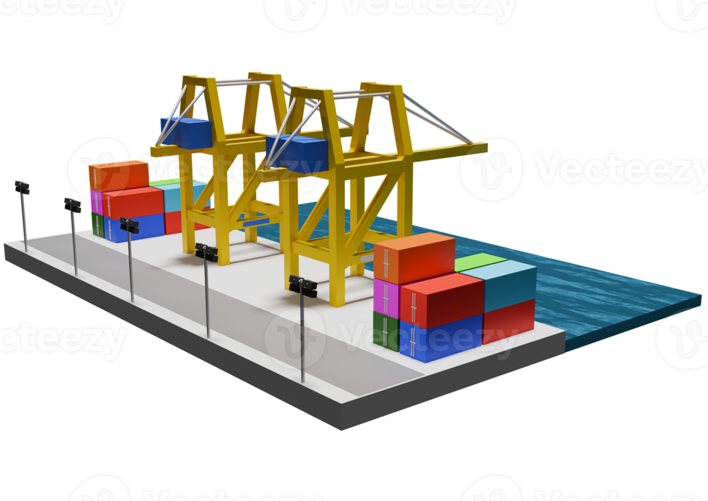 A 3d rendering of a container ship and a crane png