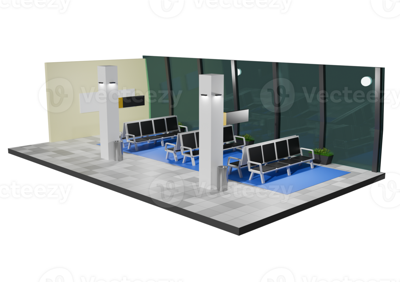 A 3d rendering of a waiting area with chairs and a television png