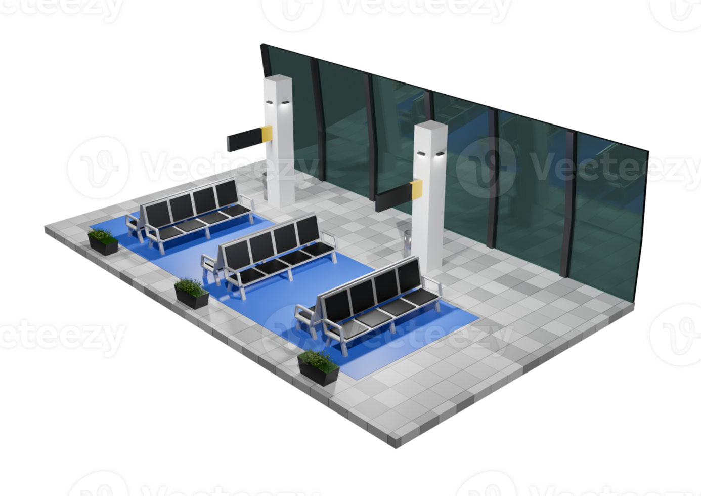 A 3d rendering of a waiting area with two benches png