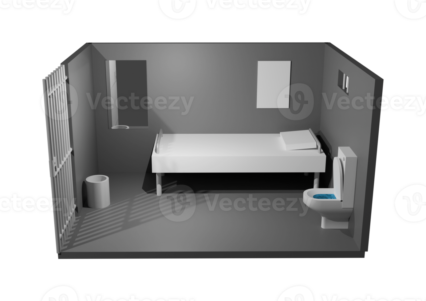 A 3d rendering of a prison cell with a bed, toilet and sink png
