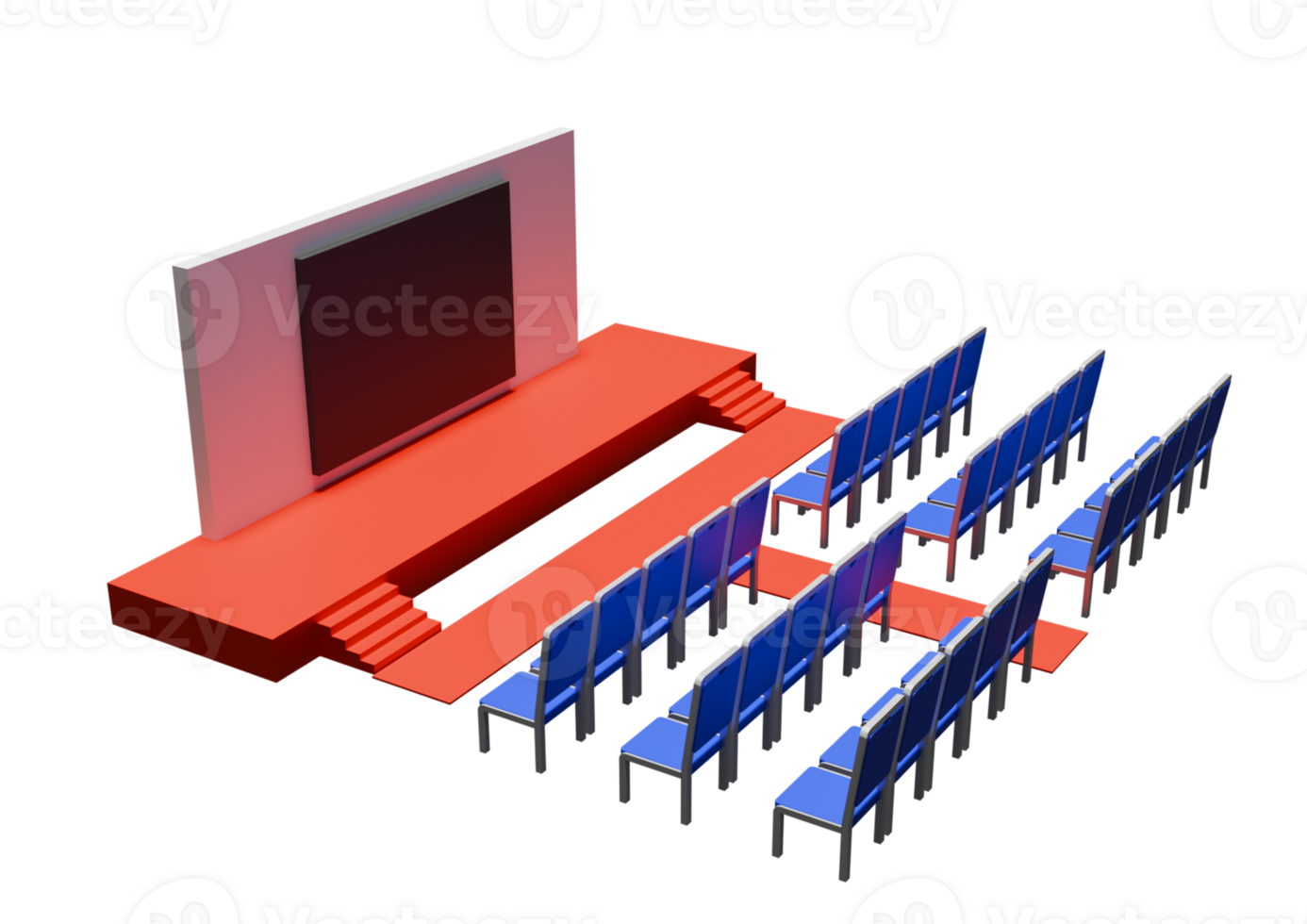 A large screen with blue chairs and a red chair png
