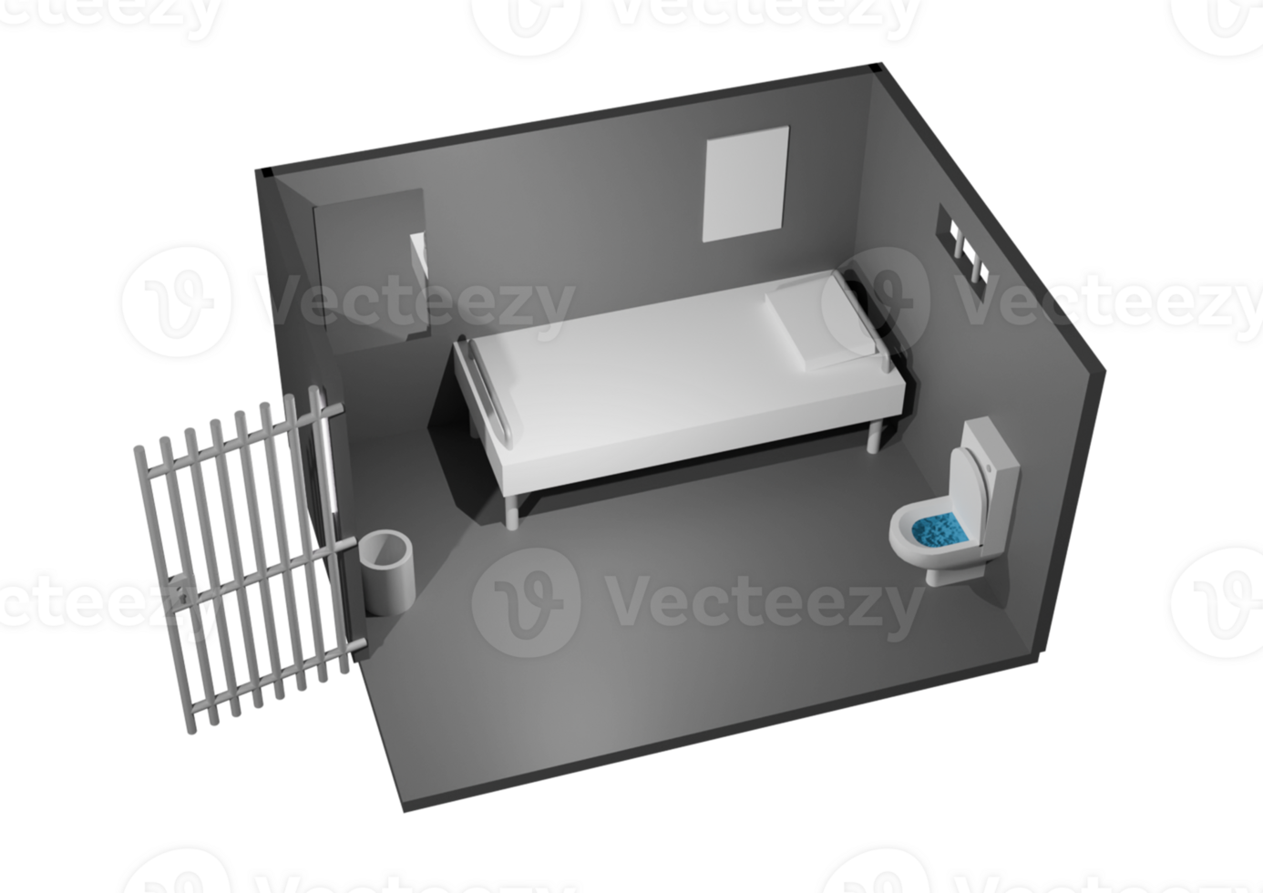 A jail cell with a bed, toilet and sink png
