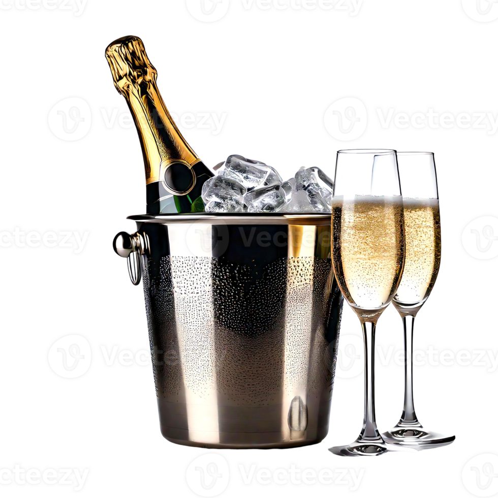 Chilled champagne in a bucket with two glasses, perfect for celebrations and parties. png