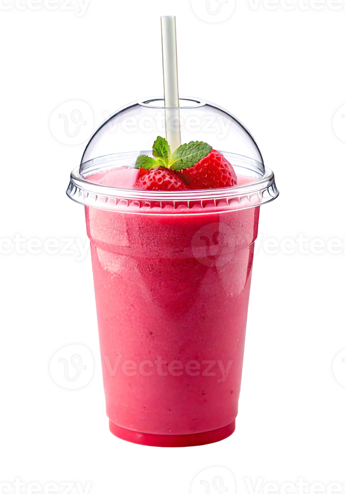 Refreshing strawberry smoothie in a clear cup topped with mint leaves. png
