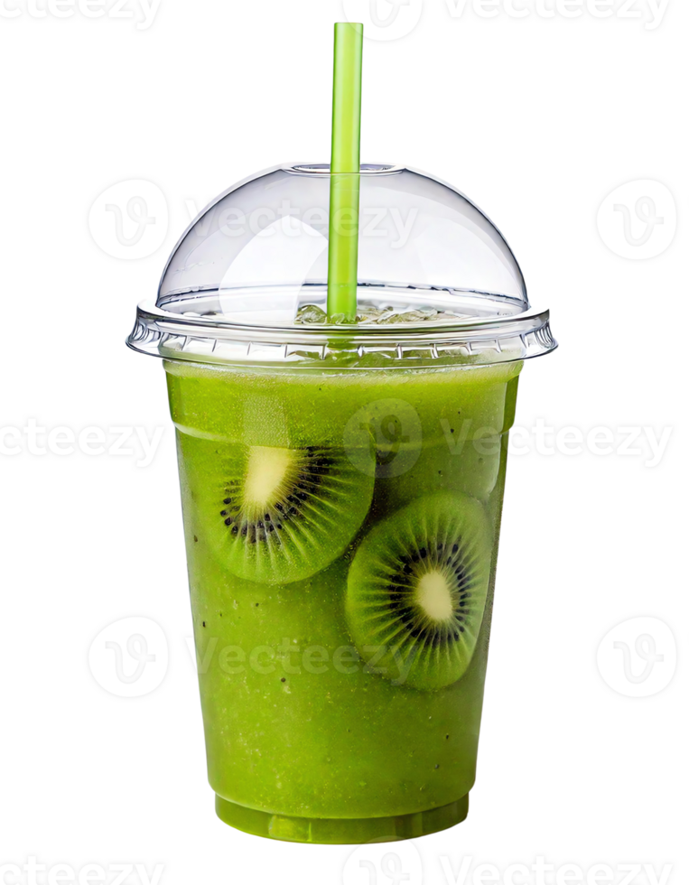 Refreshing green smoothie topped with kiwi slices in a transparent cup. png